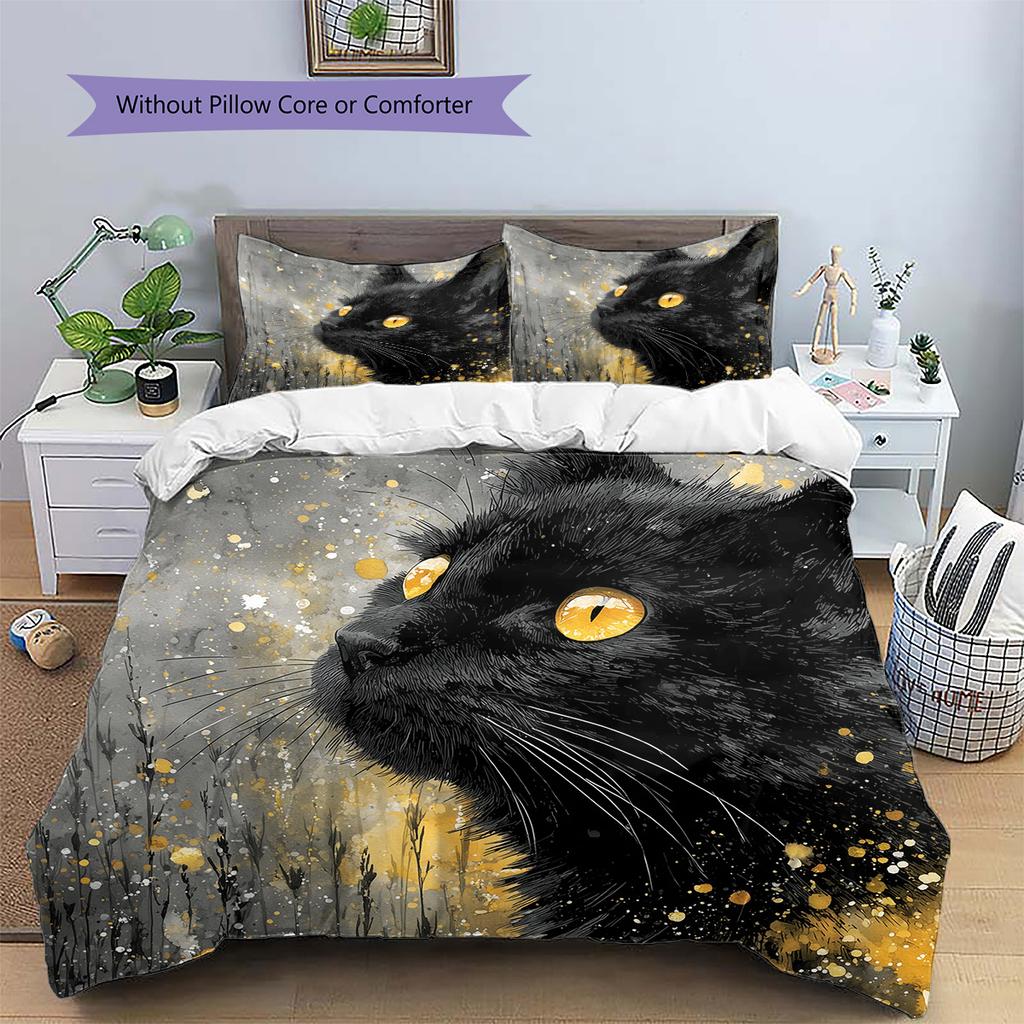Black Cat Pattern Bedding Quilt Set  Home Decoration  Gift (1 * Duvet Cover + 2 * Pillowcase  Without Core)