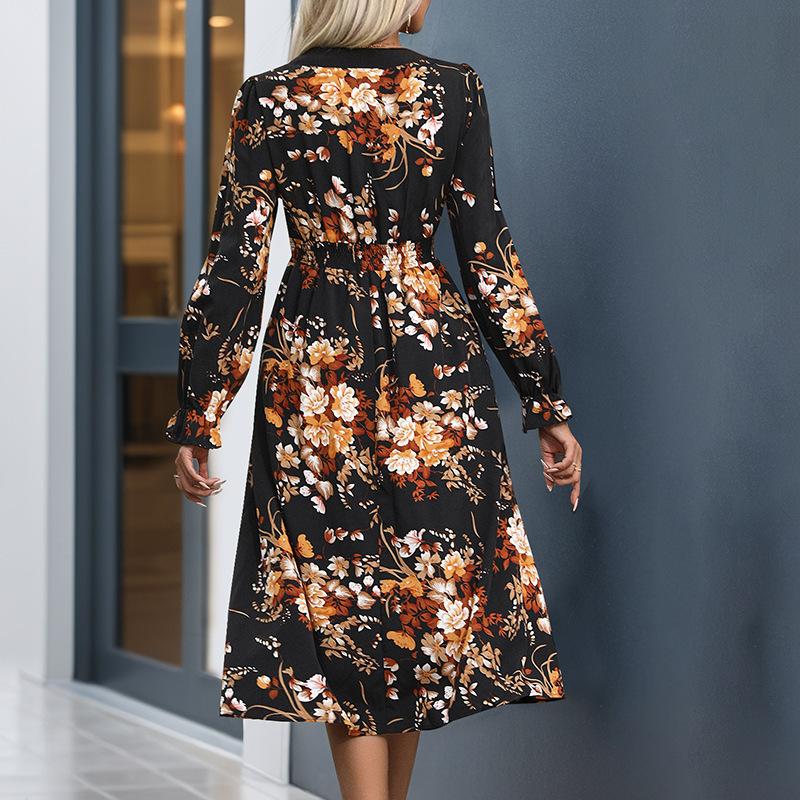 Fashion Floral Print Long Sleeve Midi Dress Women