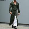 INCERUN Autumn Men V Neck Long Sleeve High Splits Casual Long T-shirts Tops