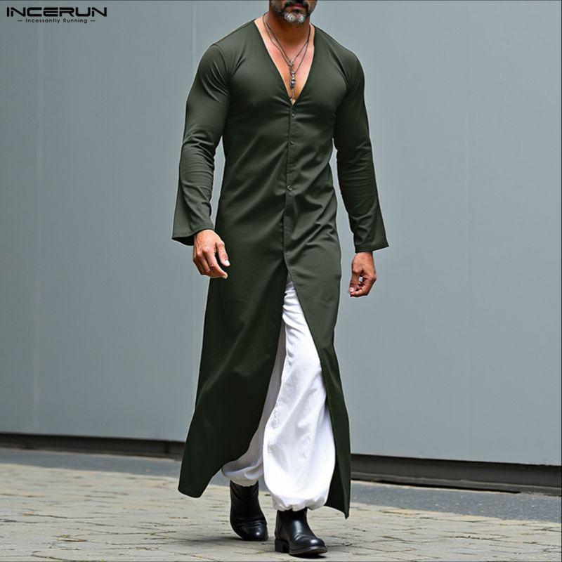 INCERUN Autumn Men V Neck Long Sleeve High Splits Casual Long T-shirts Tops