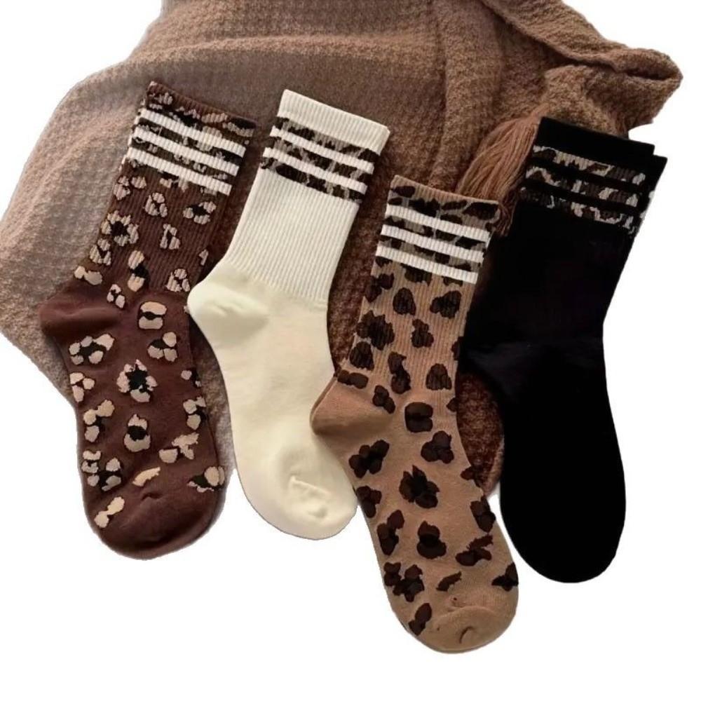 Leopard Print Crew Socks Striped Pattern Mid-Calf Socks Fashion High Tube Socks For Women