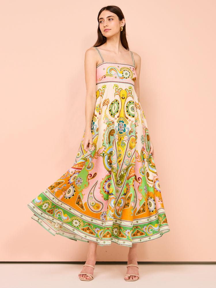 Summer new sexy suspender temperament printed high waist big pendulum dress women