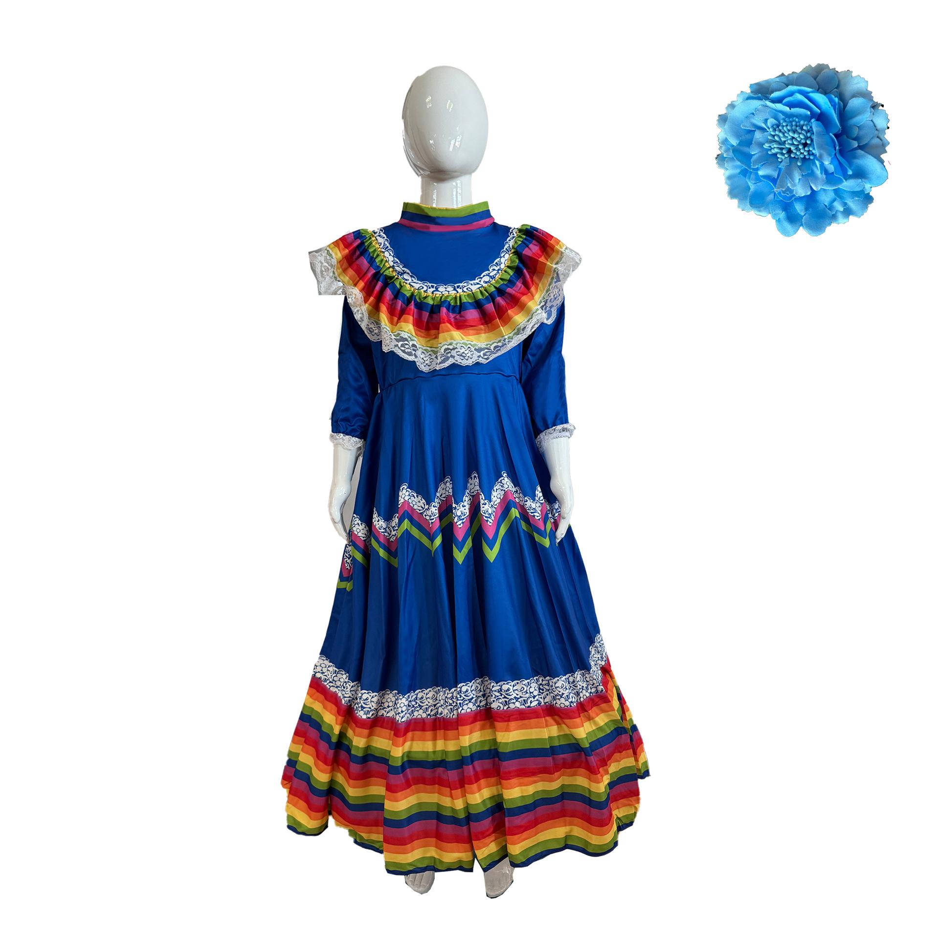 

Дитяча мексиканська сукня з довгим рукавом, круглим вирізом, вільна, з принтом, довга S синій