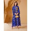 Indonesia Middle East Blue Applique Embroidered Closed Puff Sleeves Belt Dubai Robe Dress Long Dress