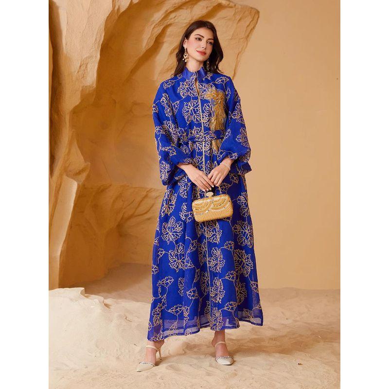 Indonesia Middle East Blue Applique Embroidered Closed Puff Sleeves Belt Dubai Robe Dress Long Dress