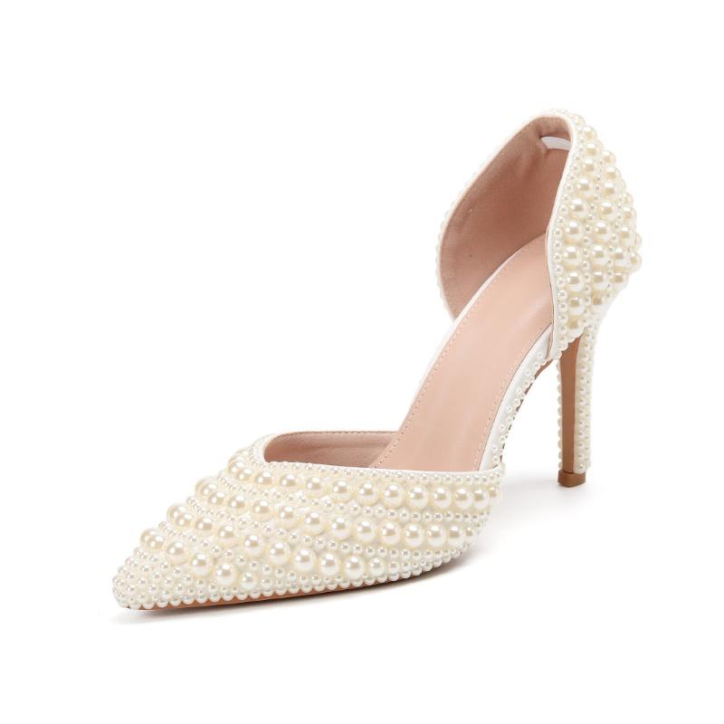 Fashion New Handmade Full Pearls Rhinestones Wedding Women Pumps Elegant Pointed Toe Bridal Thin High Heels Fashion Party Prom Shoes