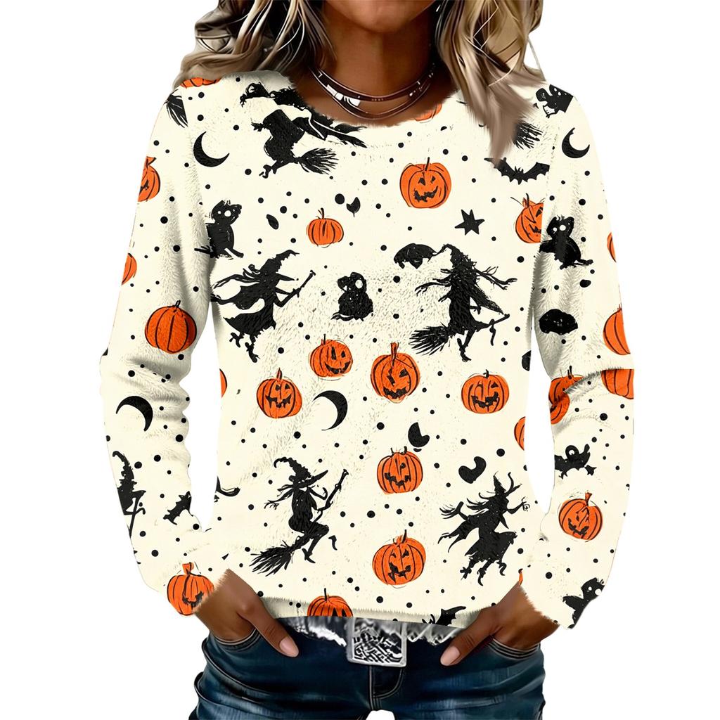 Women's Flannel Long Sleeve Top with Halloween Print Neck Pullover Shirt