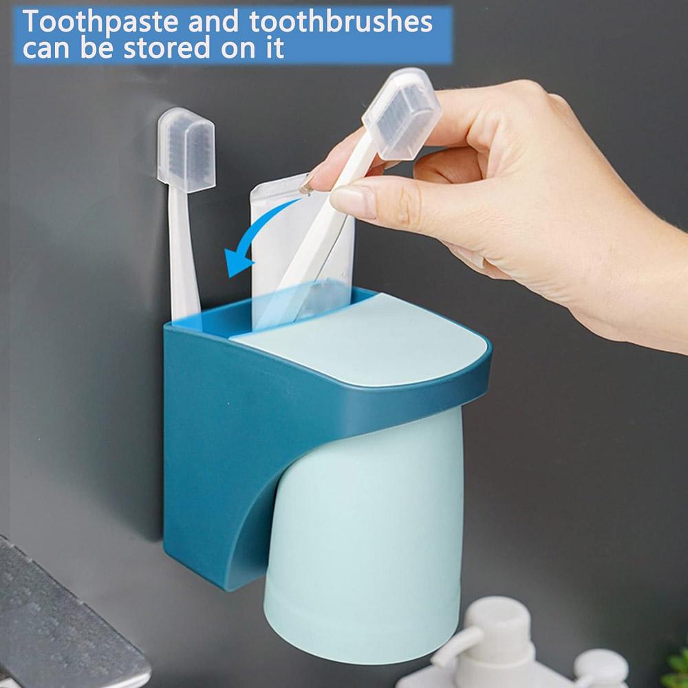 Toothbrush Cup Holder Toothpaste Holder Wall Mount with Self-draining Design & Magnetic Cup Space Saver & Easy Installation