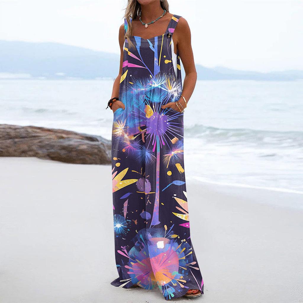 Wide Leg Overalls For Women Casual Loose Sleeveless Print Button Long Pant Romper Jumpsuit With Pockets