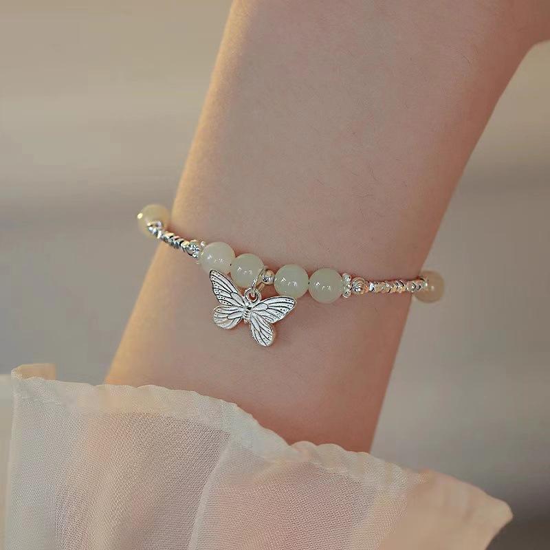 Hetian Jade & Silver Butterfly Bracelet - Exquisite Chinese Style Summer Accessory with Lucky Beads for Women