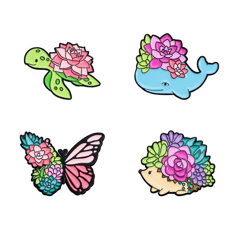 

4PCS Succulent Plant Enamel Badge Colorful Flower Animal Butterfly Turtle Hedgehog Whale Metal Pins Lapel Brooch On Backpack Hat