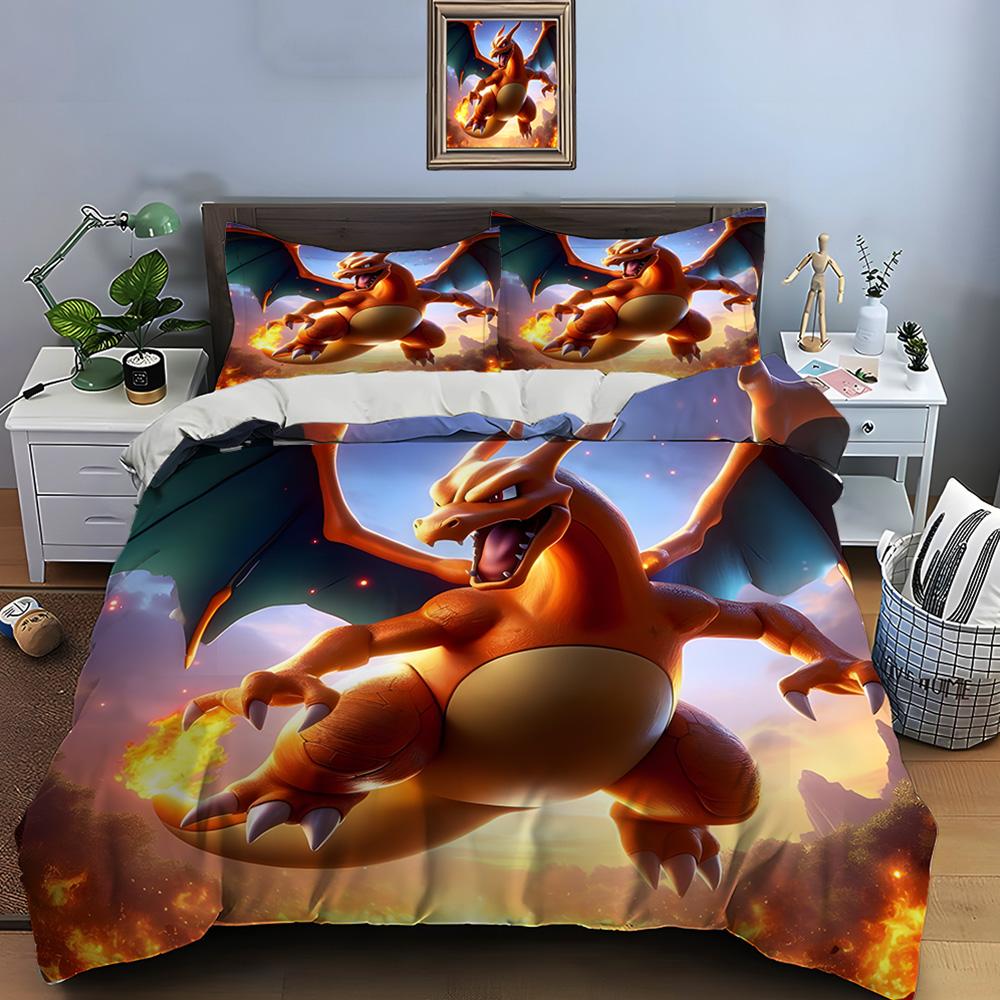 10 Sizes Pokémon Charizard Print Bedding Set 3 Pieces Setting Bed King Size Pillowcase Adult Bed Cover Bedroom Bed Set for Gifts