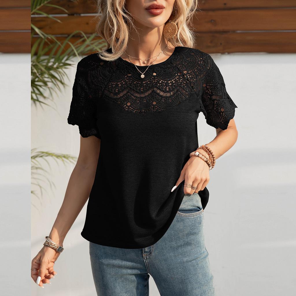 Summer Women T-shirt Fashion Round Neck Lace Short Sleeve Top