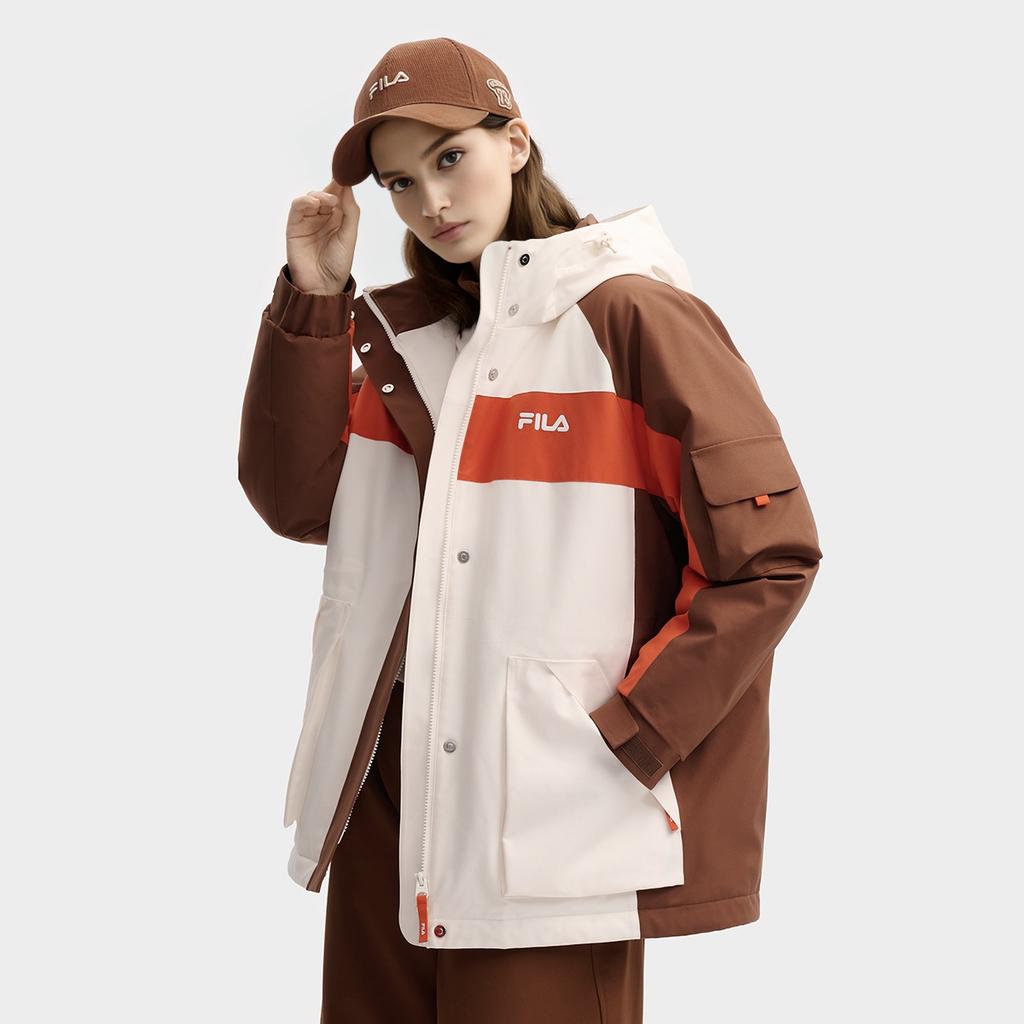FILA Original Fashion Casual Sports Personality Trendy Color Block Loose Mid-Length Down Jacket Women Outerwear Mulan-Brown F11W549903FBN