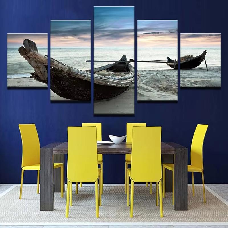 5 Panels Bootschiff Bilder Leinwandmalerei Meereslandschaft Poster und Drucke Wandkunst für Wohnzimmer Heimdekoration Ohne Rahmen