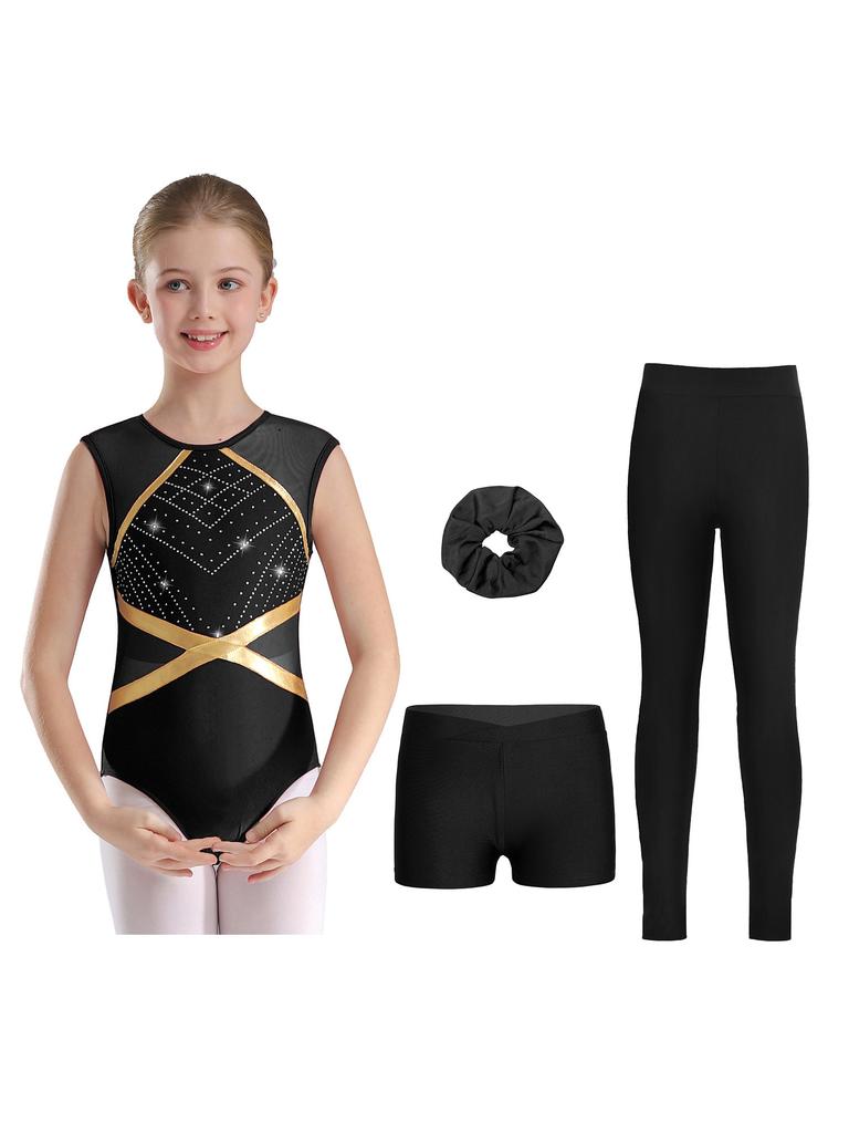 Complete 4Pcs Performance Set for Girls Keyhole Back Rhinestone Leotard with V-front Shorts & Headwear