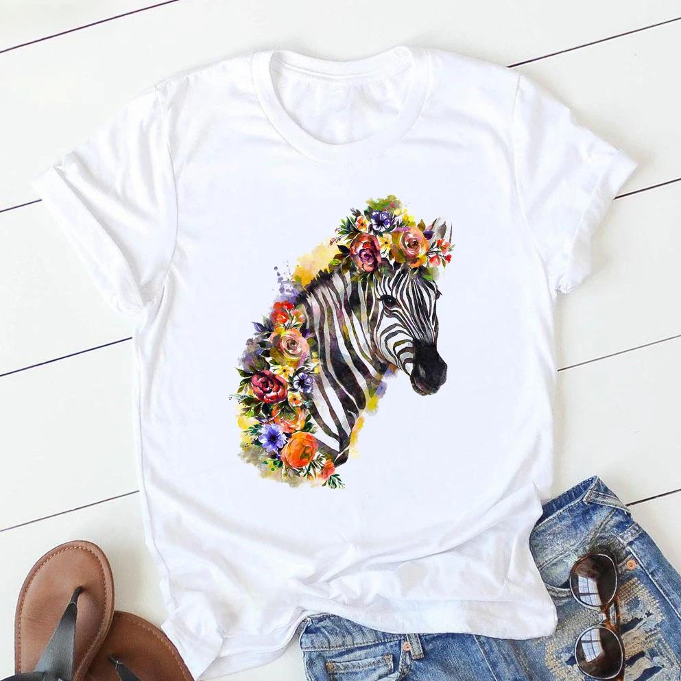 Buntes Löwe/Giraffe/Zebra/Katze/Vogel/Kuh Blumen 3D-Druck T-Shirt Damen Sommer Mode Oberteile T-Shirt