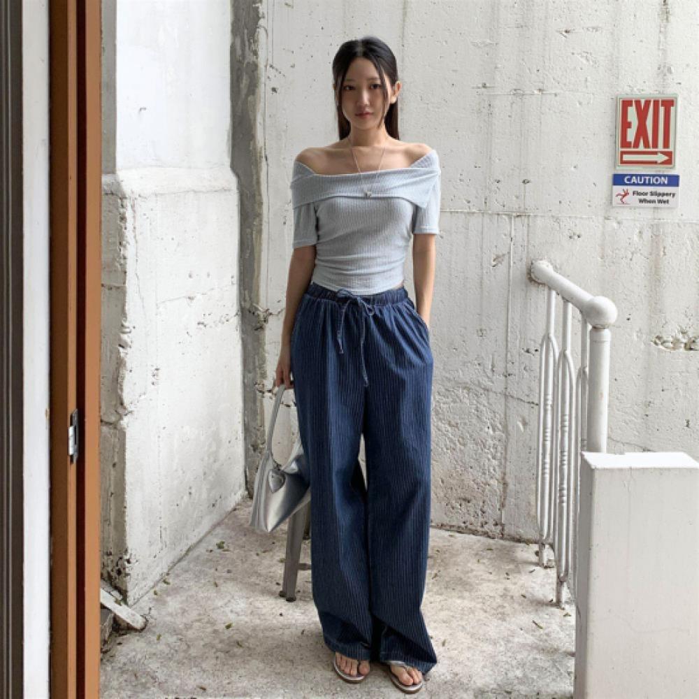 New Arrivals Open Run Women Off Shoulder Layered Shirred Crop ShorT Sleeve T Sh