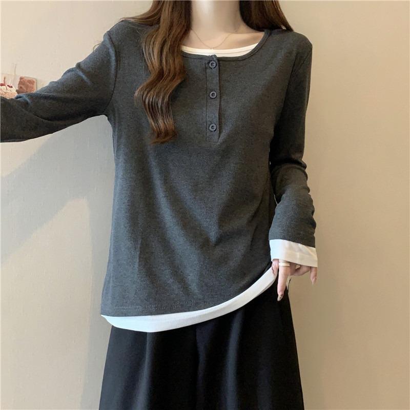 Real shot cotton loose long-sleeved T-shirt women's season versatile fake two-piece design niche top