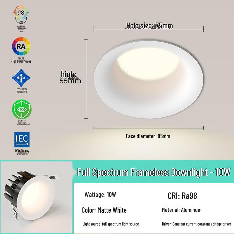 Frameless 75mm LED Downlight, Deep Anti-Glare, Eye-Protective Spotlight for Living Rooms.