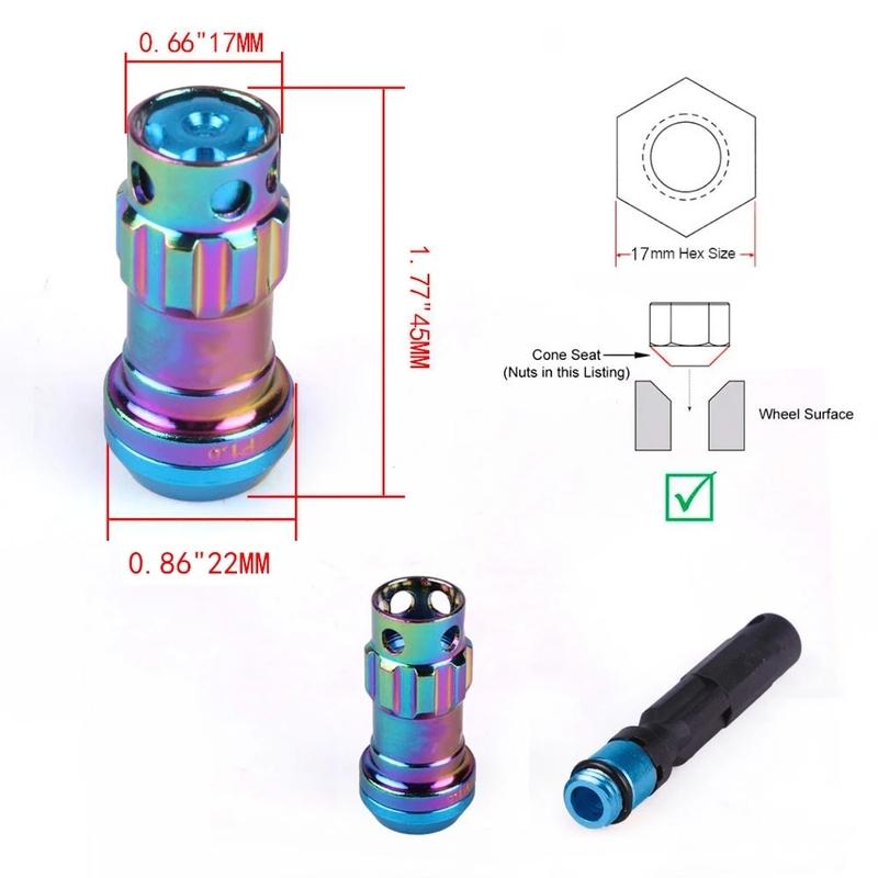 Nuovo Dado Ruota 44mm M12x1.5/1.25 20pz Dadi Ruota da Corsa Bloccanti + Set Chiave di Sicurezza