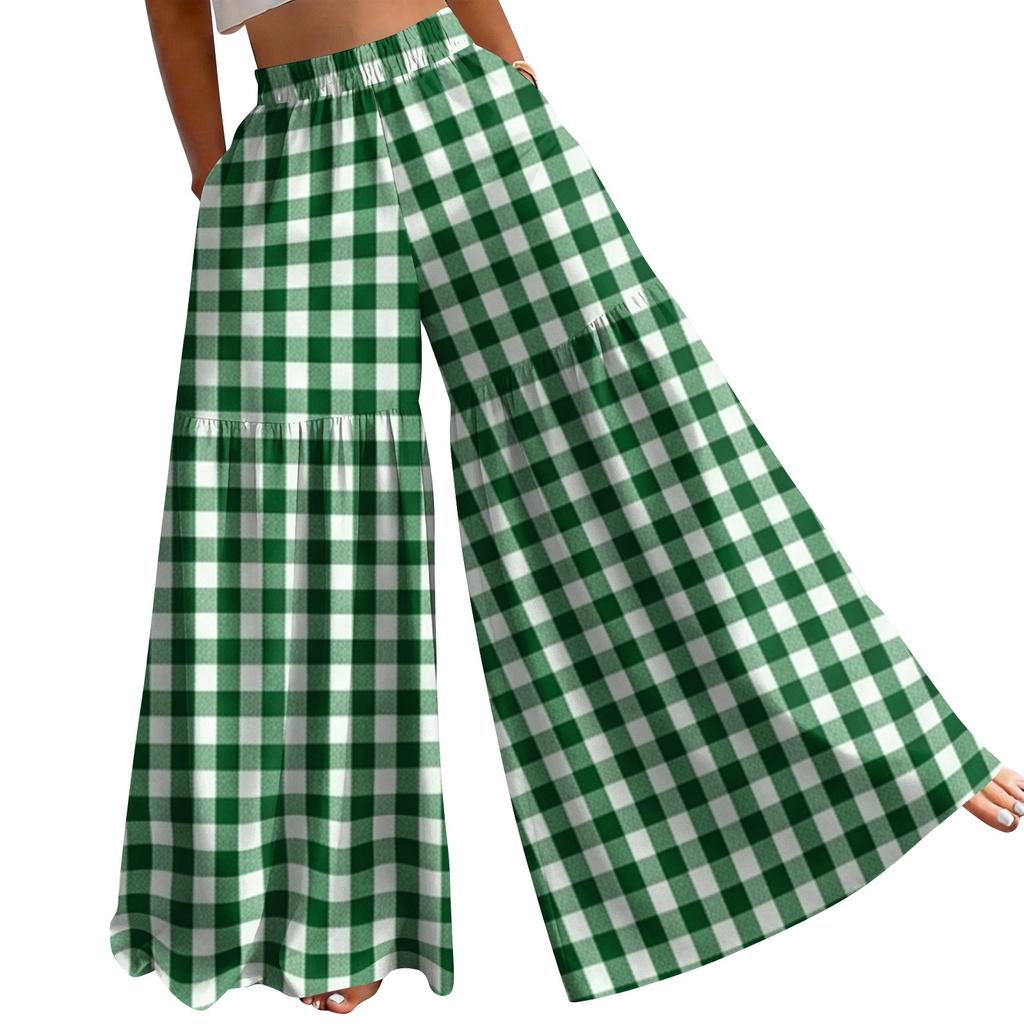 Women's High Waist Wide Leg Pants Loose Fit Lightweight Plaid Print Casual Trousers with Elastic Waistband Comfortable Fit