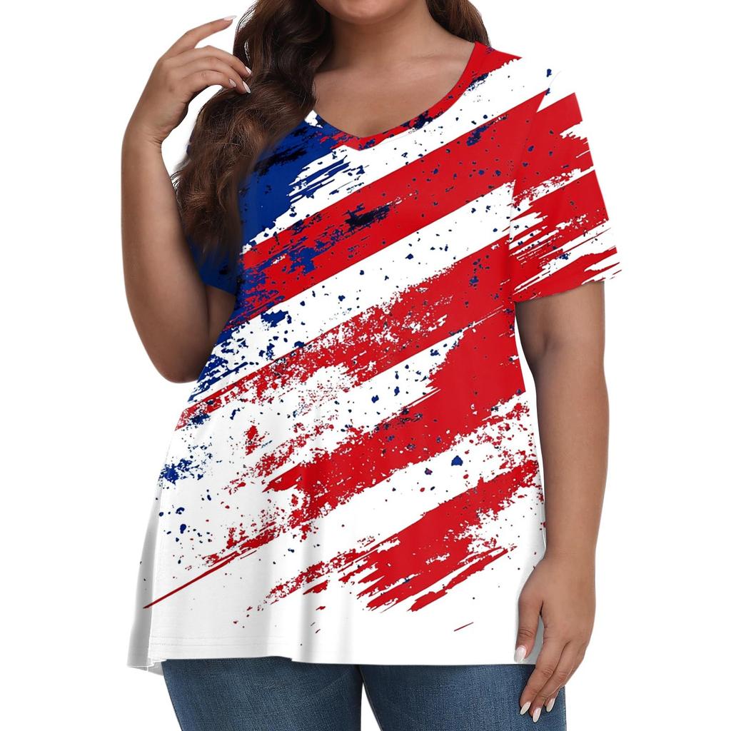 Women's Fashion Casual V-Neck Pullover Short Sleeve Large Size Printed T-Shirt Top
