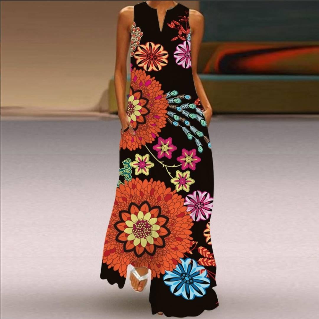 

Женские винтажные платья с принтом, летнее длинное платье без рукавов с v-образным вырезом в стиле бохо, женские повседневные элегантные платья макси для пляжной вечеринки, Vestidos XXXXXL