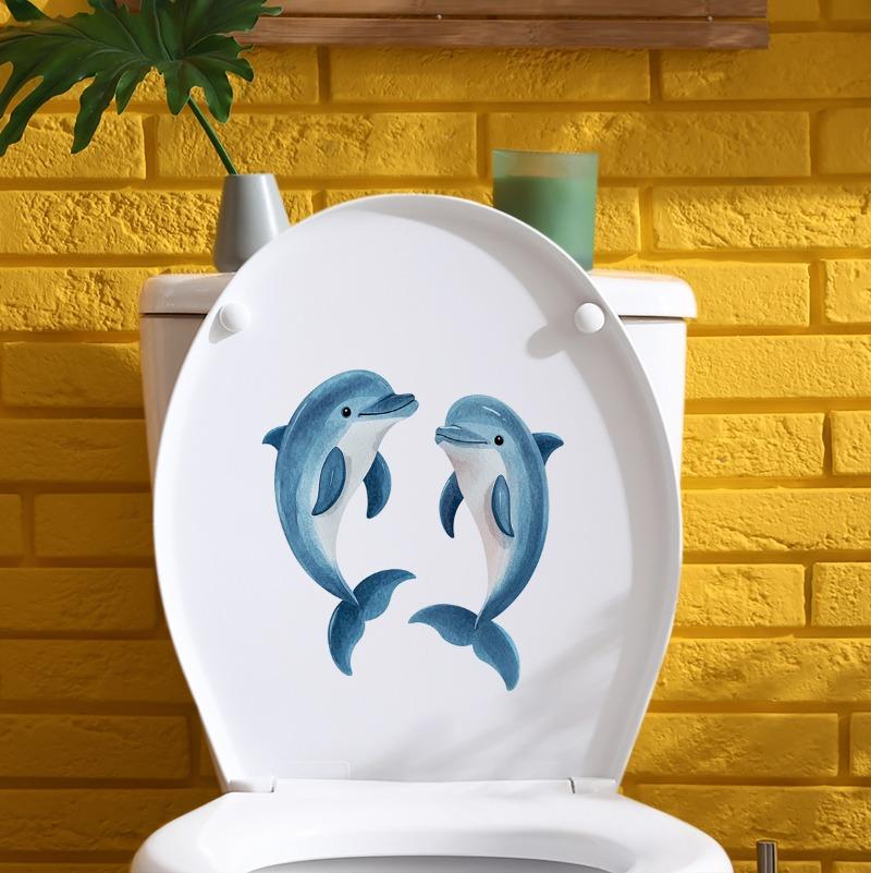 Blue Glow in The Dark Dolphin Toilet Decal Stickers Creative Bathroom Wall Art, Removable Waterproof Vinyl Decor for Home