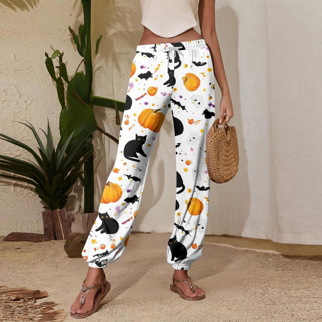 Women's Halloween Print Joggers Sweatpants - Drawstring Elastic Waist Cuffed Casual Pants for Fall Holiday Party