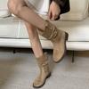 Autumn Winter Women Western Ankle Boots Fashion Slip On Thick Heel Shoes Ladies Elegant Pleated Short Booties