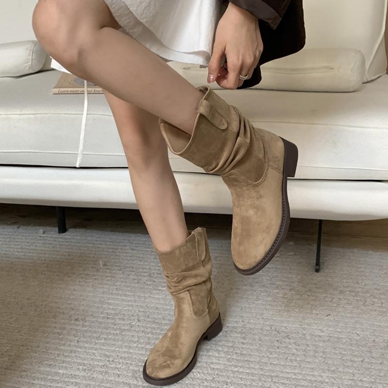 Autumn Winter Women Western Ankle Boots Fashion Slip On Thick Heel Shoes Ladies Elegant Pleated Short Booties