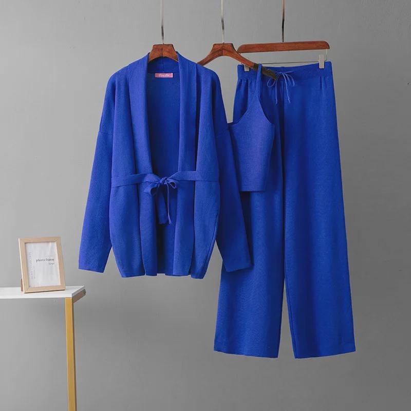 Women's Trendy Casual Wool Three-Piece Suit: Knitted Cardigan, Suspenders, and Wide-Leg Pants.
