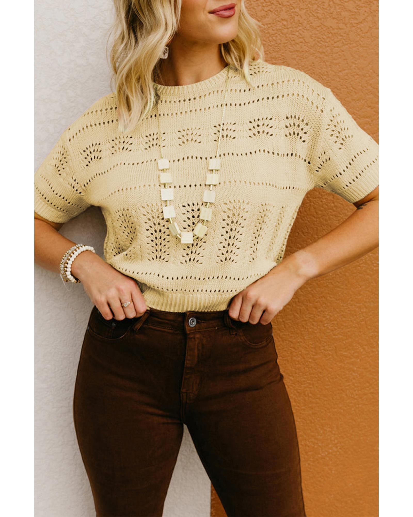 

Azura Exchange Beige Knitted Hollow out Short Sleeve Crop Sweater S бежевый