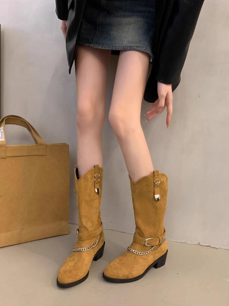 Fashion Retro Belt Buckle Middle Heel Ladies Mid Calf Shoes Comfortable and Elegant Fashion 2025 Cosplay Trend Women's Half High Boots
