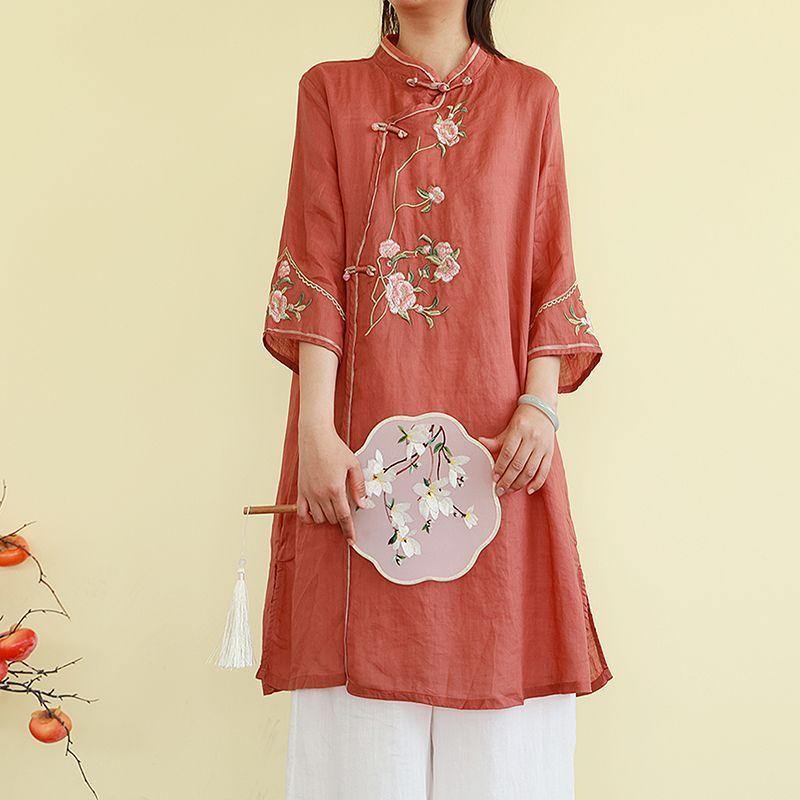 

Zen-style Frog Button Retro Shirt Spring/summer Mid-length Embroidered Ethnic Style Three-quarter Sleeve Stand Collar Top for Women 4XL
