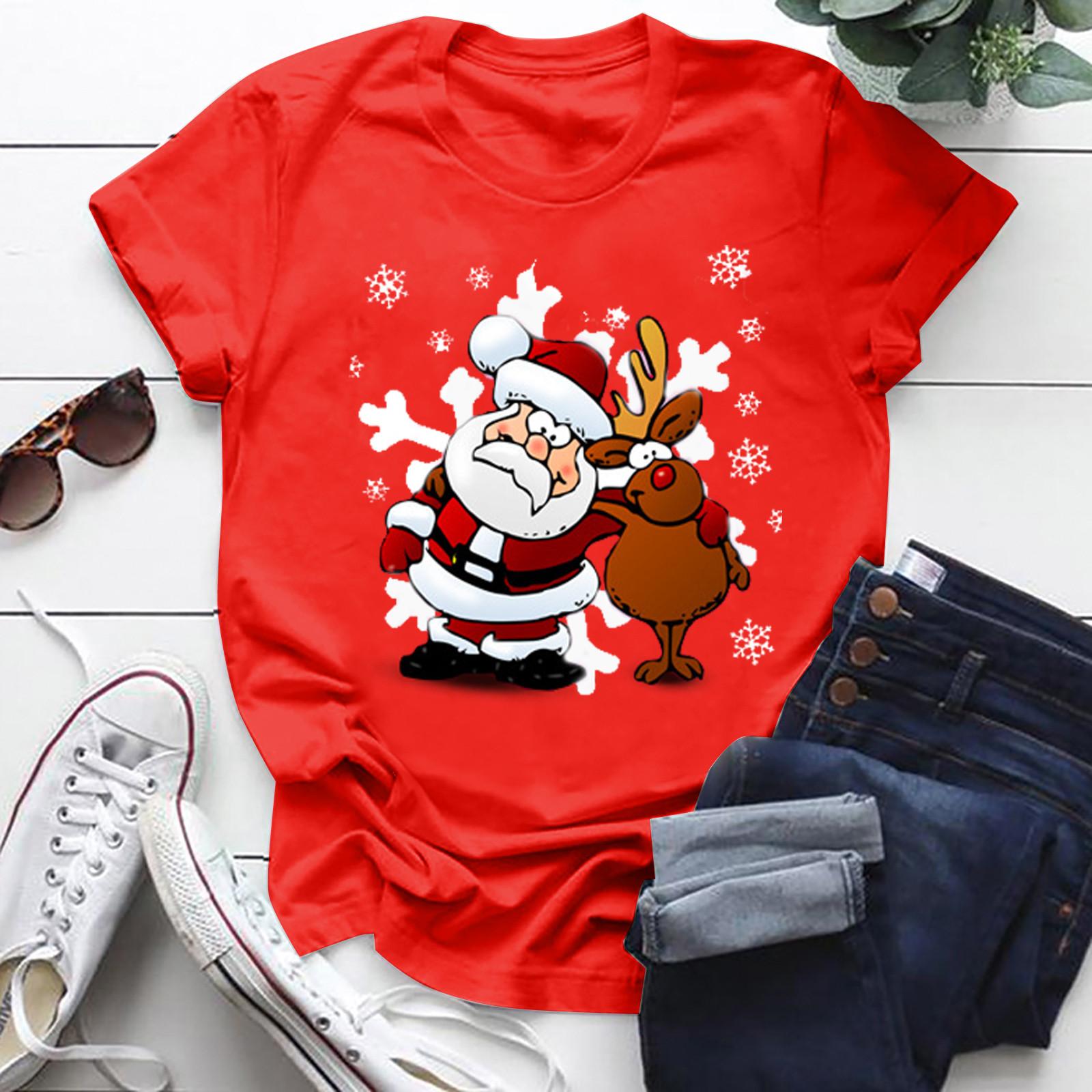 

Женская мода, повседневная рождественская футболка с короткими рукавами и рождественским принтом, топ S красный
