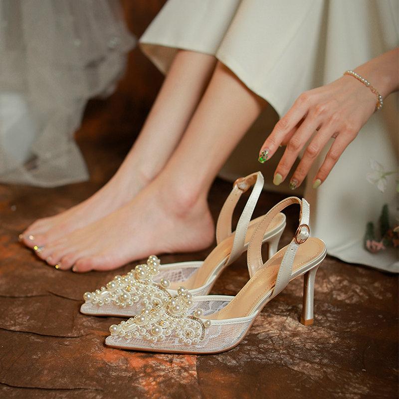French Wedding Shoes Bride Shoes Main Wedding Pearl Single Shoes Niche After Empty High Heels Female Stiletto Hollow Head Sandal