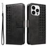 For iPhone 14 Pro Max Leather Case Wallet Stand Grids Imprinted Phone Cover with Strap