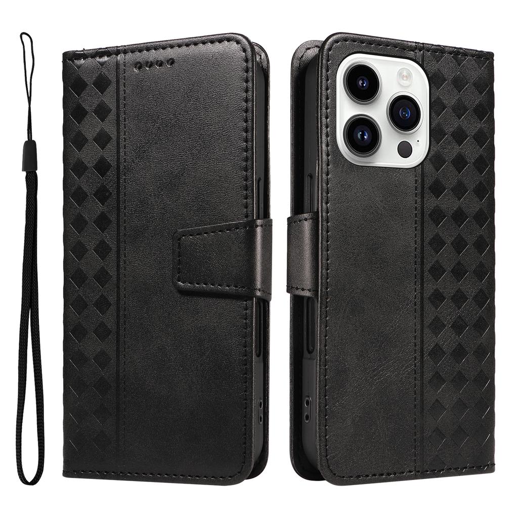 For iPhone 14 Pro Max Leather Case Wallet Stand Grids Imprinted Phone Cover with Strap