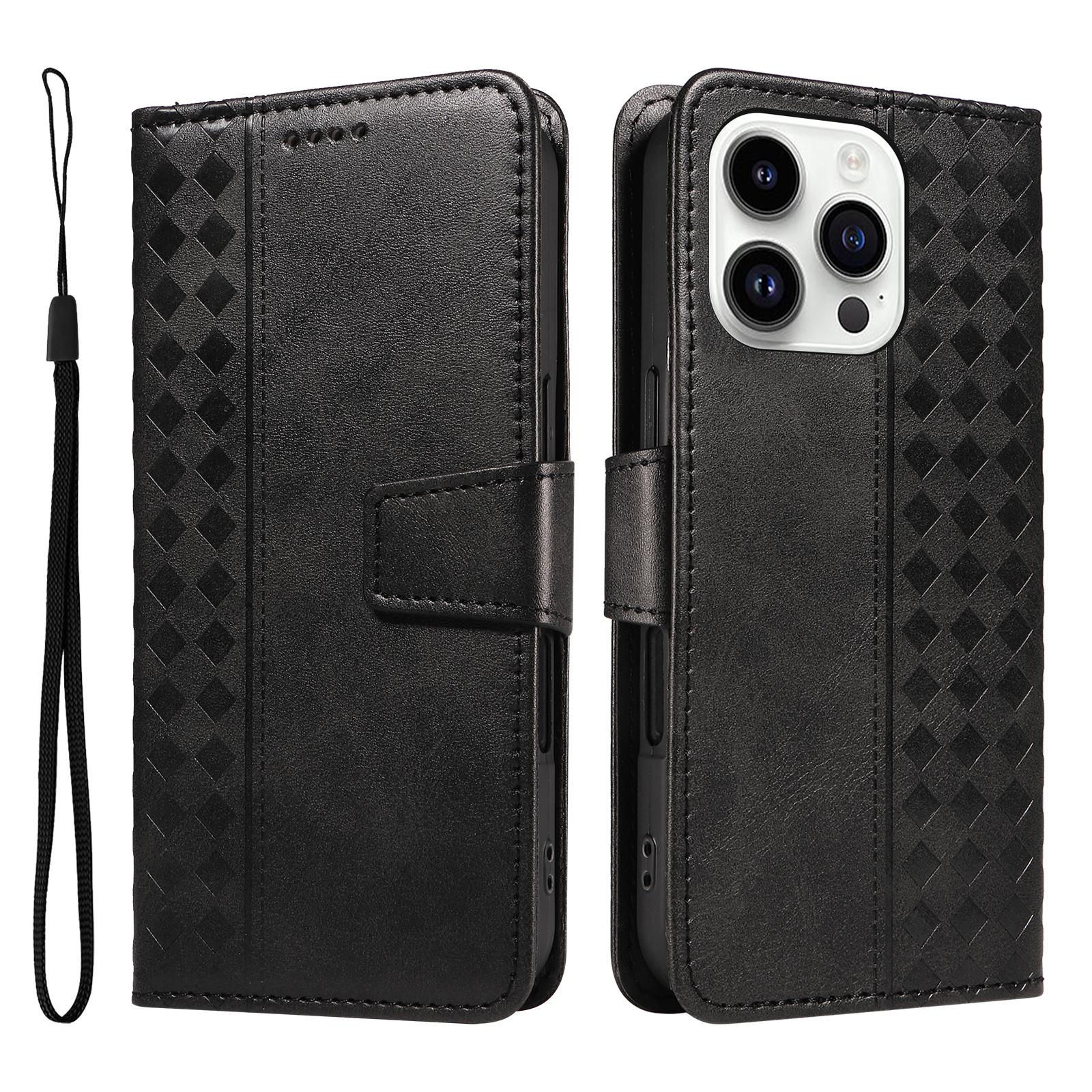 

For iPhone 14 Pro Leather Case Wallet Stand Grids Imprinted Phone Cover with Strap Black