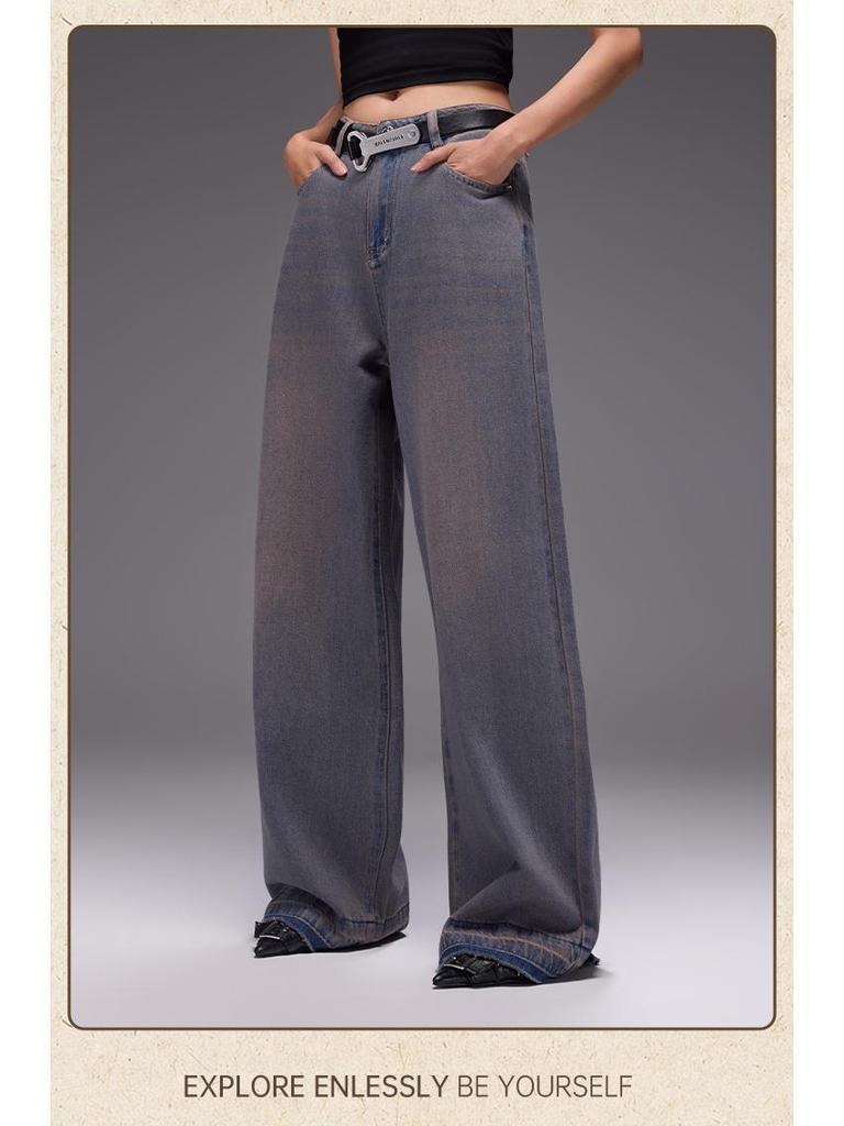 Tuogu Trend Women's High-Waist Retro Wide-Leg Blue Denim Jeans