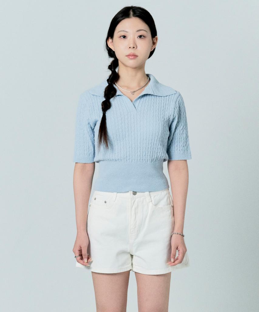 Tobaseu Boucle Cotton Cable Collar Short Sleeve Knit (Sky Blue)