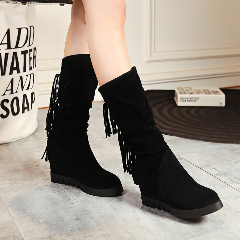 New Inner Water Platform Wedge Heel High Heel Casual Boots Medium Tube Fringed Boots Cotton Boots Large Size Boots