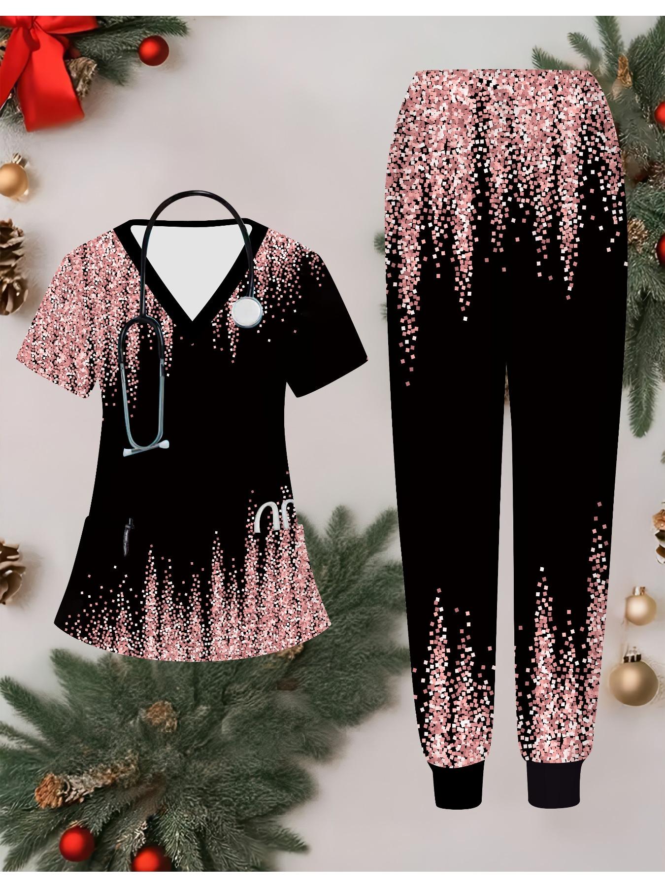 

Комплект женской формы медсестры, напечатанный на 3D-принтере, с коротким рукавом и длинными брюками с карманом, повседневный, модный, рождественский подарок XXL розовый