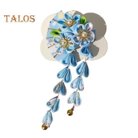 

Заколка для волос в стиле веера с цветами, колокольчиками, декором из искусственного жемчуга, японское кимоно, старинная заколка для волос, аксессуары для волос небесно-голубой