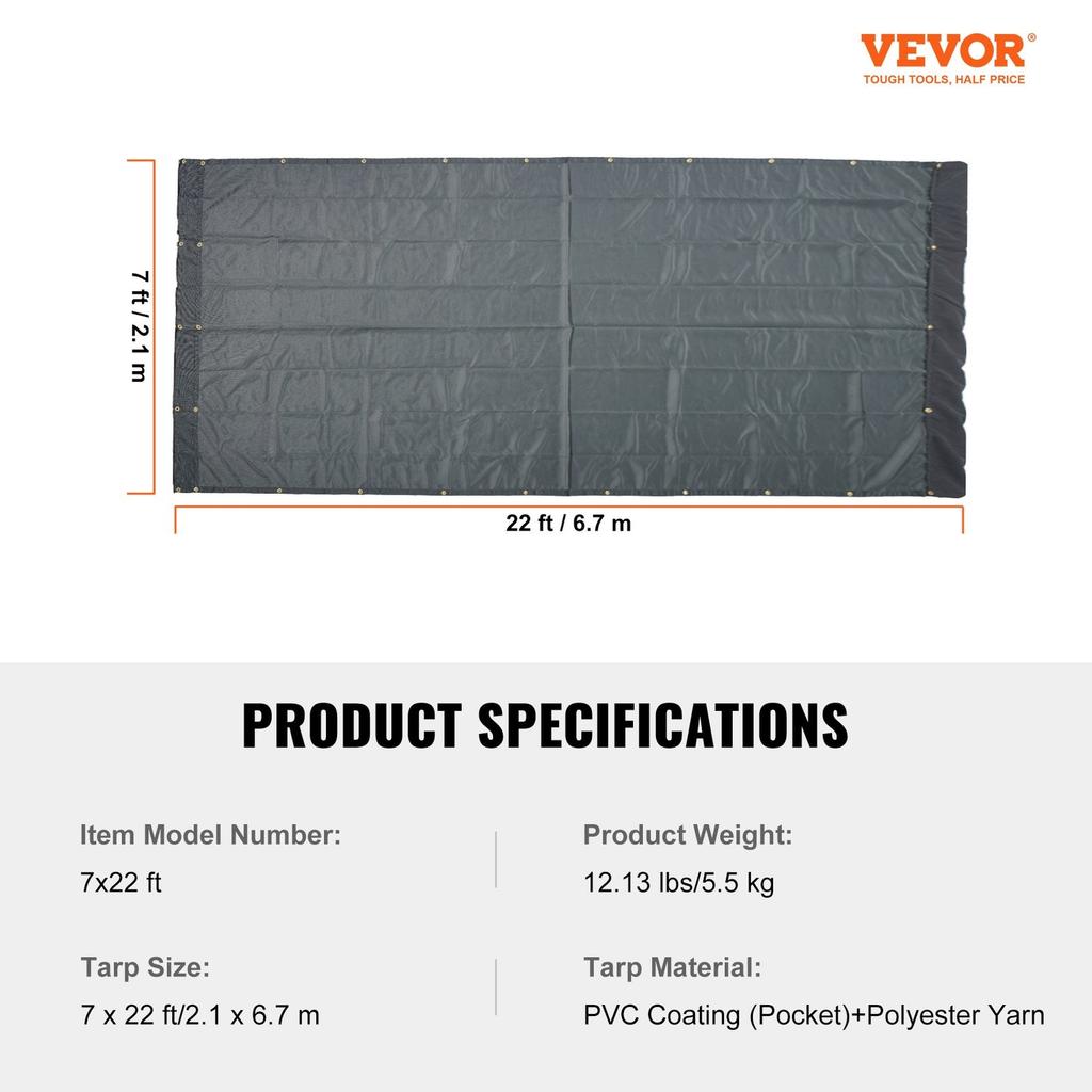 Dump Truck Mesh Tarp, 7 x 22 ft, PVC Coated Black Heavy Duty Cover with 5.5" 18oz Double Pocket, Brass Grommets, Reinforced Double Needle Stitch