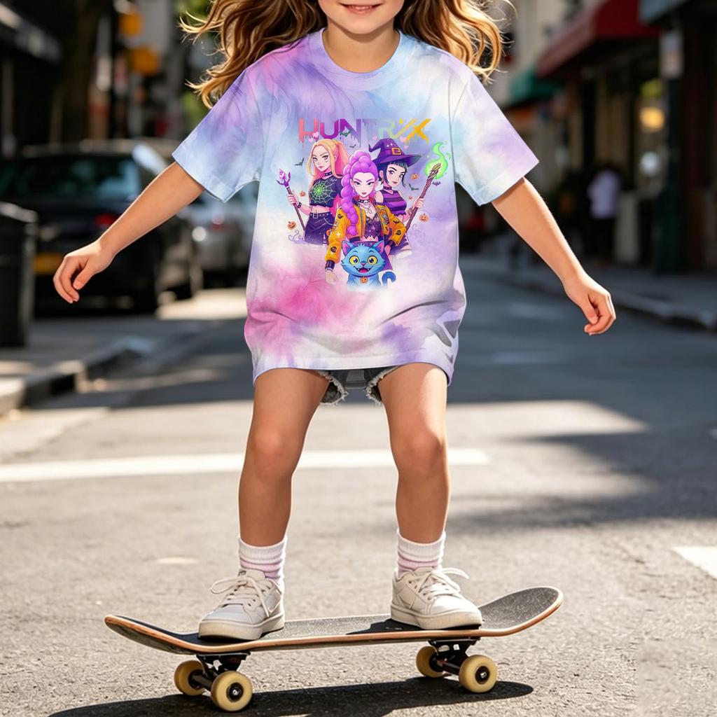 Girls Loose Fit Short Sleeve T Shirt Halloween Inspired Demon Hunter Print Casual Comfortable Top for Kids