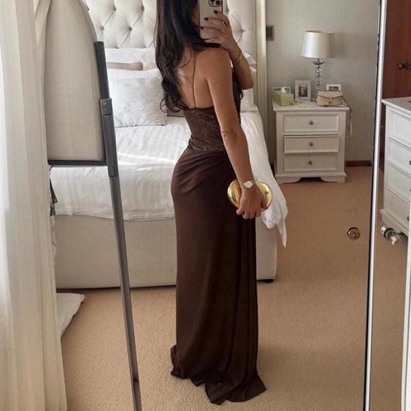European Summer 2025 Sexy Spaghetti Strap Lace Patchwork Long Dress for Women