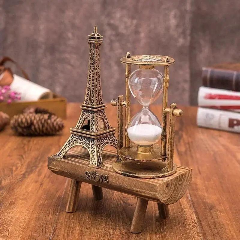 Creative Retro Iron Tower Hourglass Ornaments Simple Modern Home Study Wooden Pendulum Clock Hourglass Ornaments Home Supplies